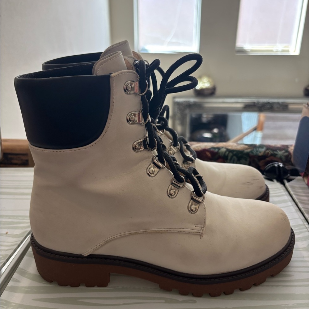 PrettyLittleThing White Lace-Up Ankle Boots with Black Collar